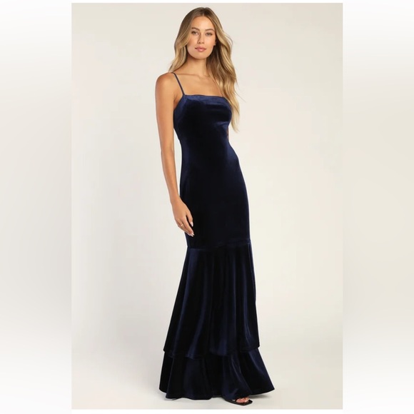 Lulus Alluring Muse Navy Blue Velvet Tiered Trumpet Maxi Dress - Picture 2 of 10